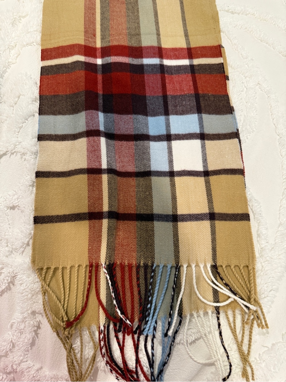 100% Cashmere Plaid Fringe Scarf in Camel and Red